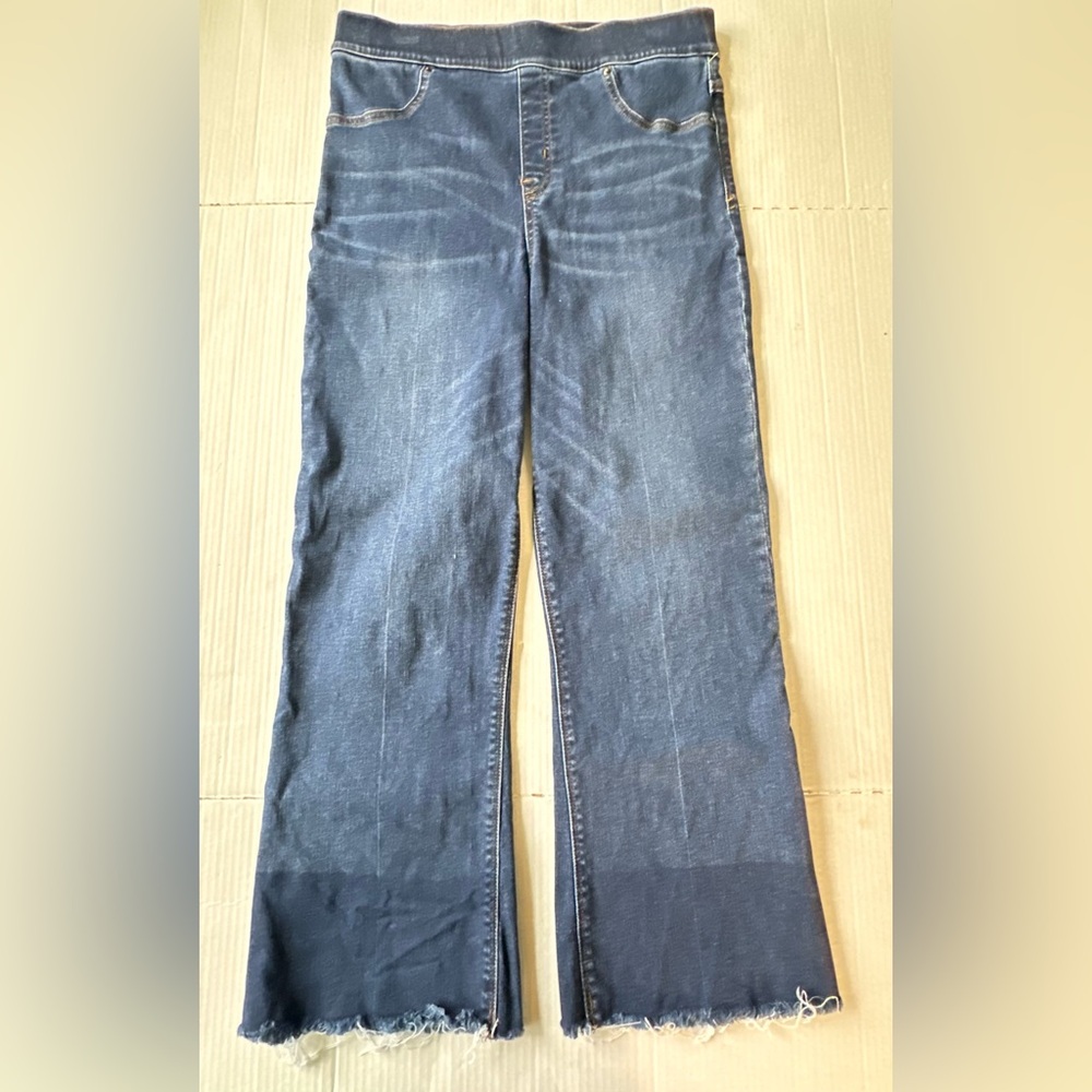 SPANX High Rise Dip Dye Colorblock Raw Hem Crop Flare Pull On Jeans Large - Picture 3 of 10